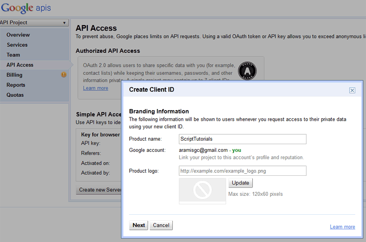Google Contacts API - step 1